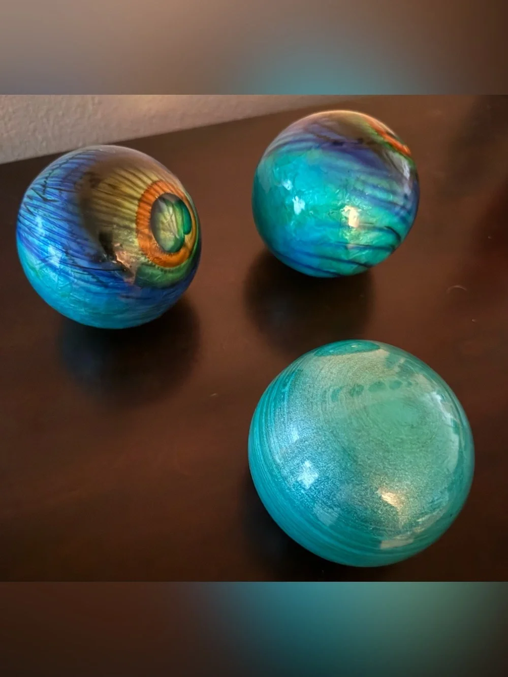 Pier 1 Peacock Orb Sphere Set | Teal Multi Color Decorative Balls Set of 3 | 4”